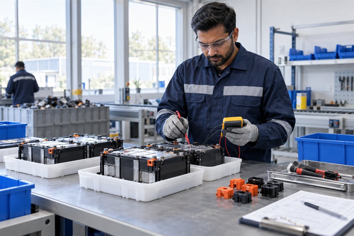 Illustration of disconnected battery modules being inspected for recovery