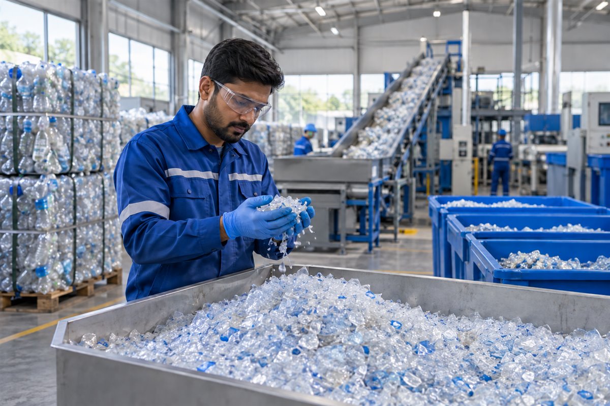 Illustration of sorted plastic materials at an organised recovery facility