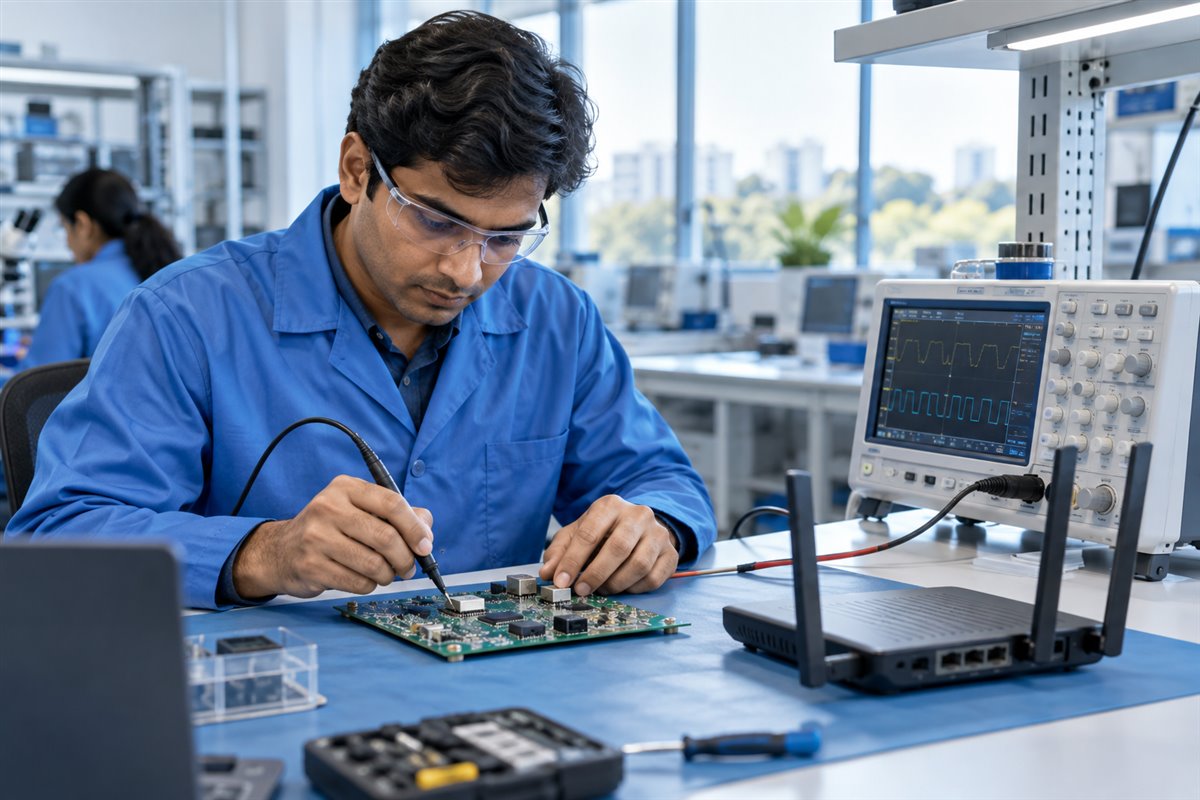 Illustration of electronic equipment and a circuit board at a laboratory testing bench