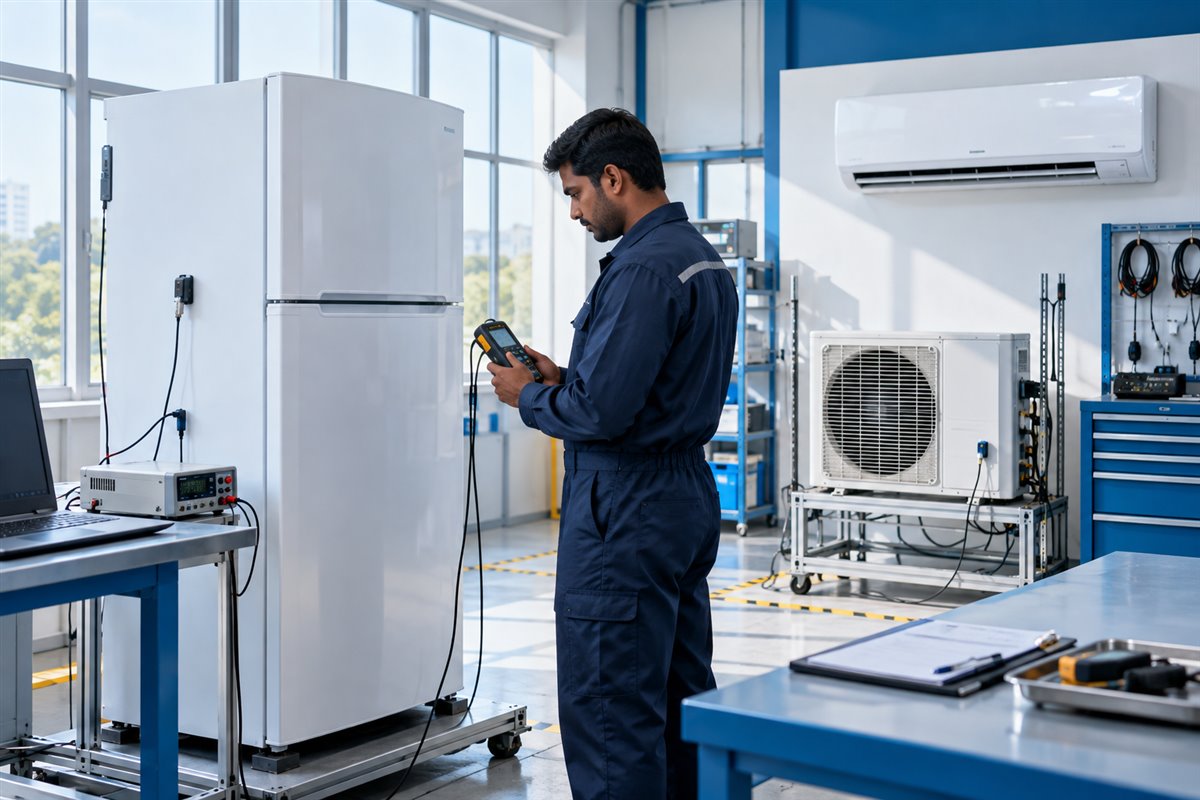 Illustration of appliances being checked in an energy-efficiency testing laboratory