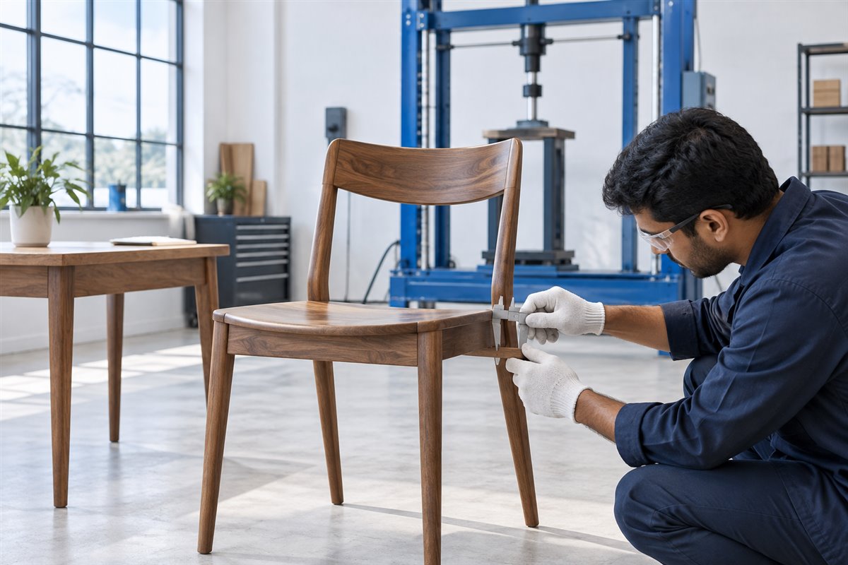 Illustration of a technician checking a wooden chair in a furniture testing workshop