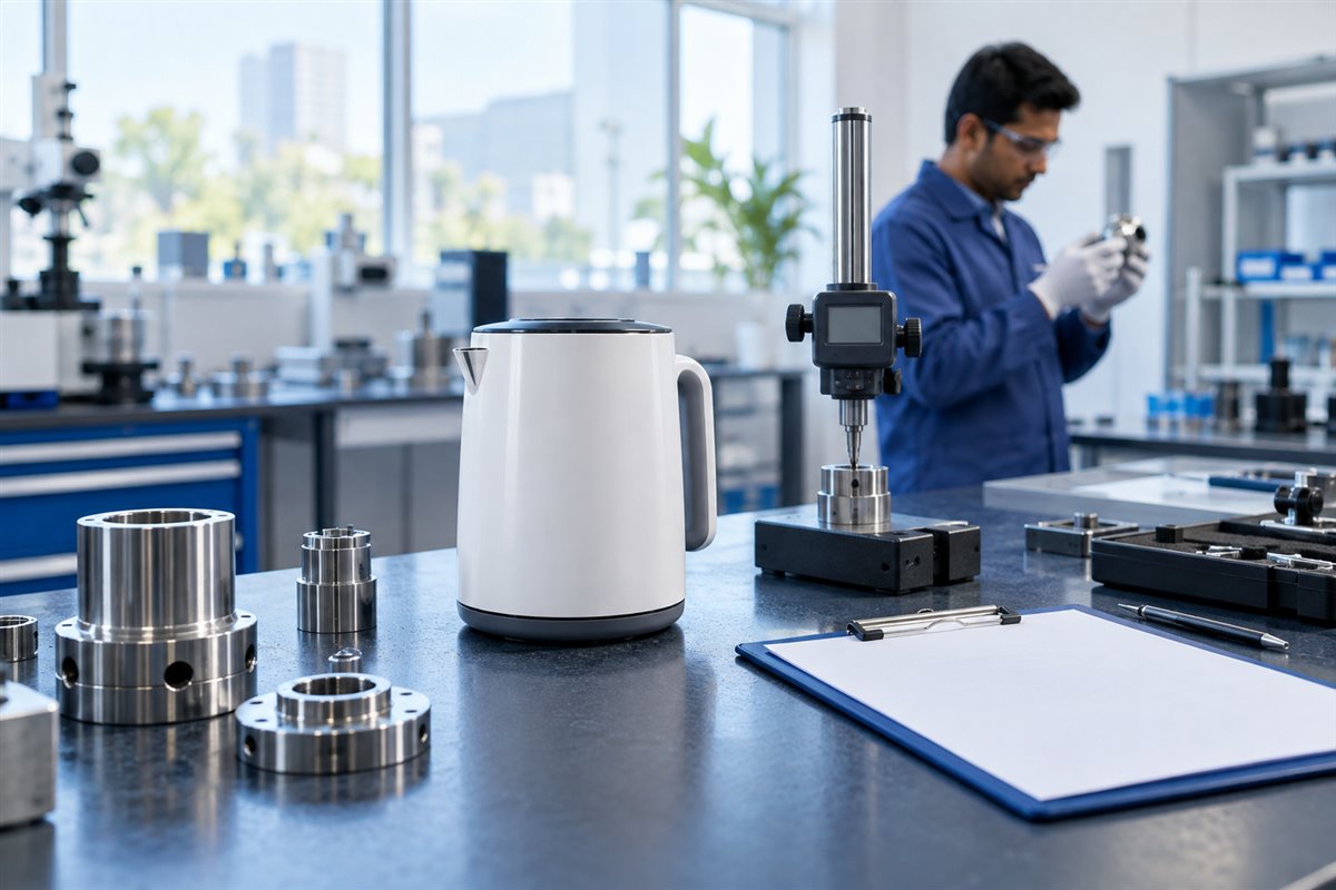 Illustration of product measurement and inspection in a modern testing laboratory