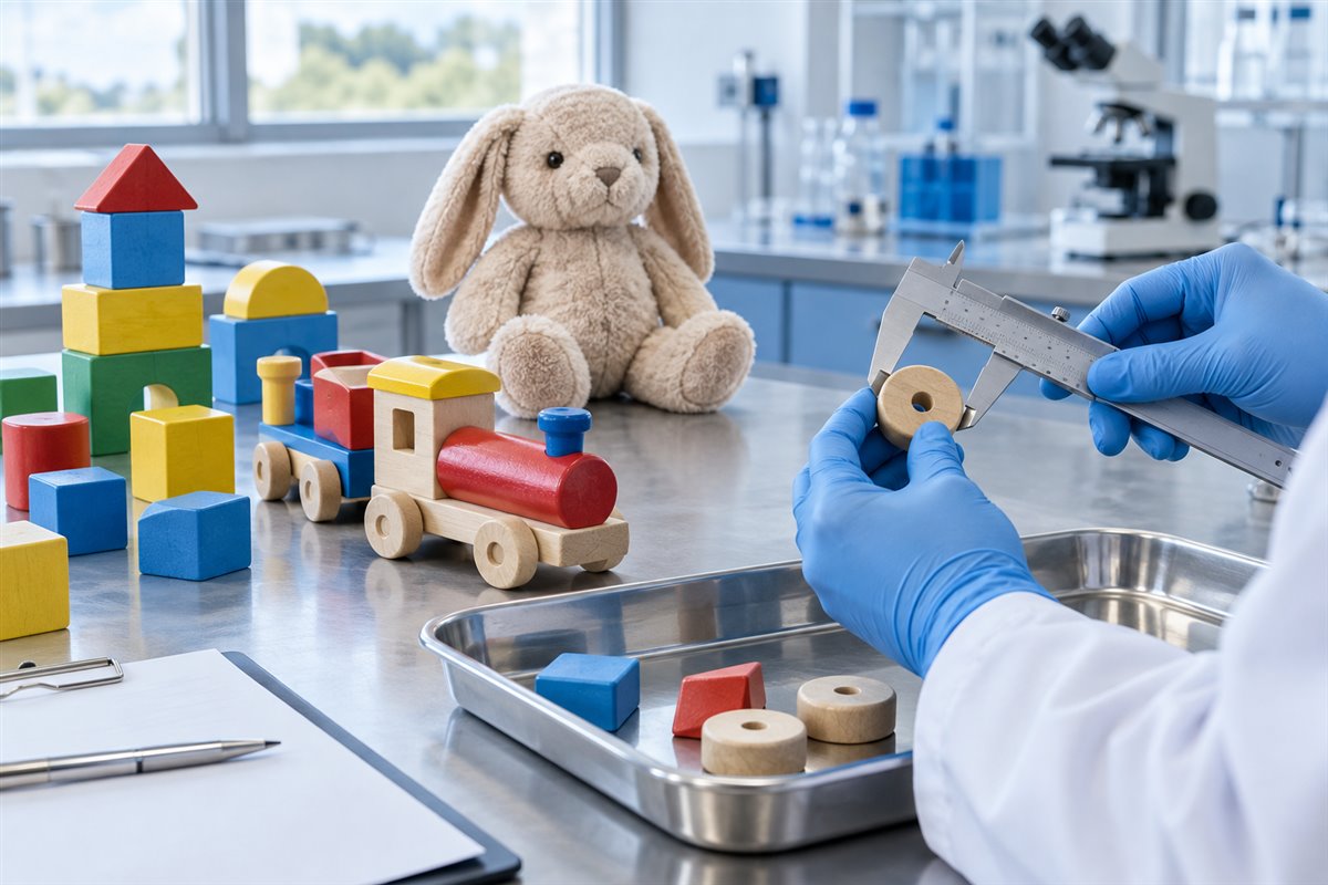 Illustration of wooden toys and a soft toy being examined at a safety testing bench