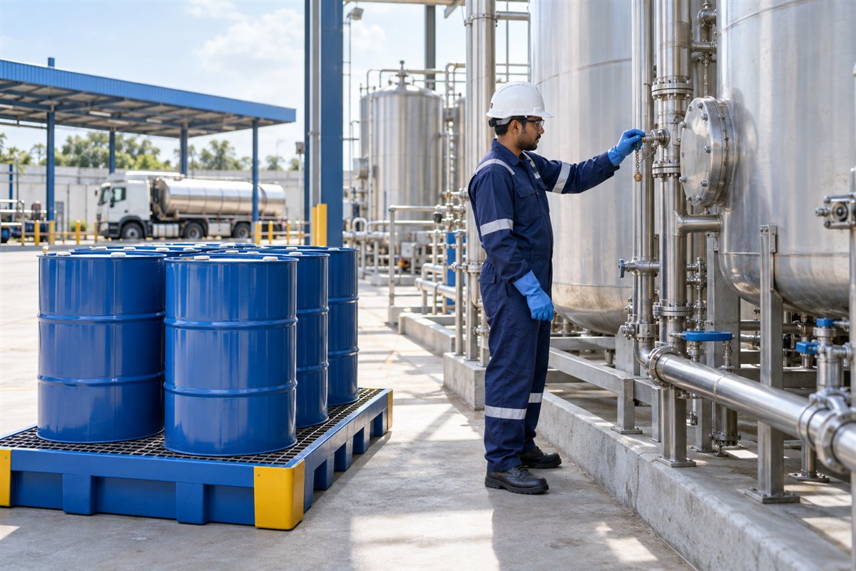 Illustration of sealed oil drums and recovery equipment in a controlled industrial setting